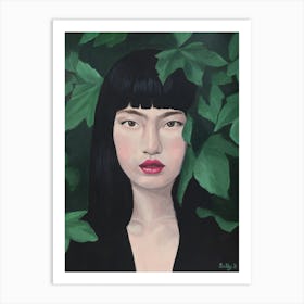 Chinese Lady With Green Leaves Art Print