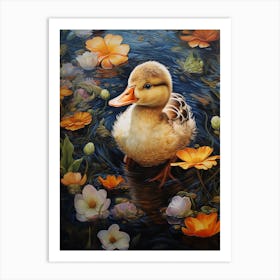 Duckling Swimming In The Pond With Petals 2 Art Print