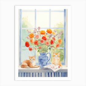 Cat With Marigold Flowers Watercolor Mothers Day Valentines 1 Art Print