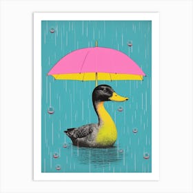 Pink Yellow & Blue Duckling In The Rain 1 Art Print