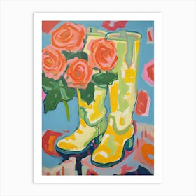 Painting Of Roses Flowers And Cowboy Boots, Oil Style 4 Art Print