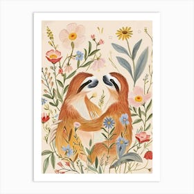 Folksy Floral Animal Drawing Sloth Art Print