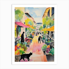 Food Market With Cats In Saint Tropez 4 Watercolour Art Print