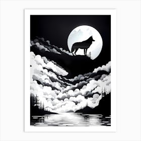 Wolf Howling At The Moon, black and white monochromatic art Art Print