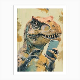 Dinosaur On A Phone Muted Tones Art Print