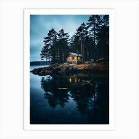 Cabin In the lake by night 1 Art Print