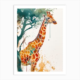 Giraffe Under The Acacia Tree Watercolour 1 Art Print