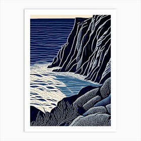 Coastal Cliffs And Rocky Shores Waterscape Linocut 1 Art Print