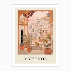 Mykonos Greece 4 Vintage Pink Travel Illustration Poster Art Print