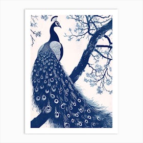 Navy & Cream Peacock On A Tree 4 Art Print