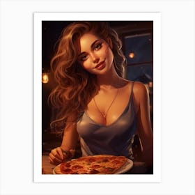Beautiful Girl with Large pizza pie Art Print