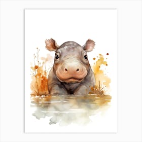 Hippopotamus Watercolour In Autumn Colours 3 Art Print