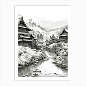 Shirakawa Go In Gifu, Ukiyo E Black And White Line Art Drawing 4 Art Print