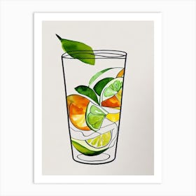 Capirinha Minimal Line Drawing With Watercolour Cocktail Poster Art Print