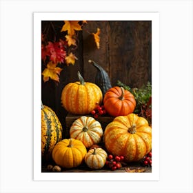 Autumn Gourds And Pumpkins Arranged For Thanksgiving Vibrant Hues Of Orange Yellow And Red Some 2 1 Art Print