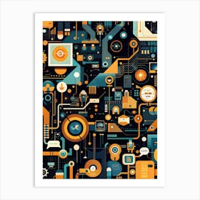 A Complex And Colorful Abstract Composition With Geometric Shapes, Icons, And Lines On A Dark Background, Representing Technology And Industry Art Print