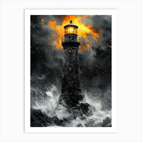 Lighthouse In The Storm, Romantic Monochrome Charcoal style Poster