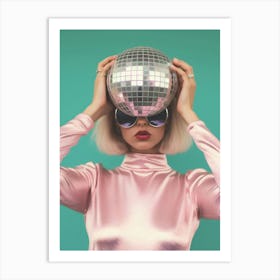 Disco Ball Girl, Preppy Aesthetic, Retro Pink Pastel Art Print