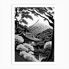 Koraku En, 1, Japan Linocut Black And White Vintage Art Print