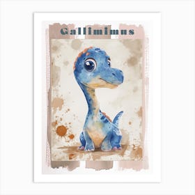 Cute Cartoon Gallimimus Dinosaur Watercolour 1 Poster Art Print