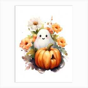 Cute Ghost With Pumpkins Halloween Watercolour 72 Art Print