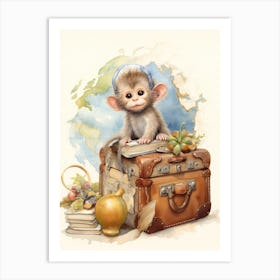 Monkey Painting Traveling Watercolour 2 Art Print