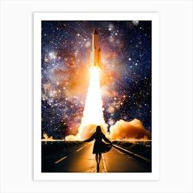 Young Woman Taking Off Rocket Starry Night Art Print