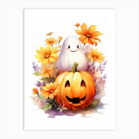 Cute Ghost With Pumpkins Halloween Watercolour 59 Art Print