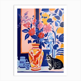 Bluebell Flower Vase And A Cat, A Painting In The Style Of Matisse 3 Art Print