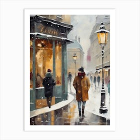 Paris cafes, winter season, Christmas, autumn oil colors, pale colors, pedestrians in the street, winter clothes, falling snow.Christmas decorations.3 Art Print