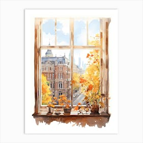 Window View Of Riga Latvia In Autumn Fall, Watercolour 4 Art Print