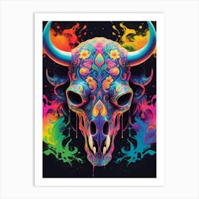 Floral Bull Skull Neon Iridescent Painting (5) Art Print
