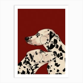 Dalmatian dogs cuddling on a red background Art Print