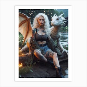 Girl With Tattoos And A Dragon Art Print