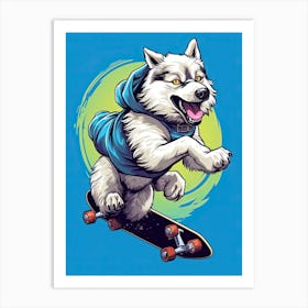 Alaskan Malamute Dog Skateboarding Illustration 1 Art Print