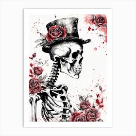 Floral Skeleton With Hat Ink Painting (95) Art Print