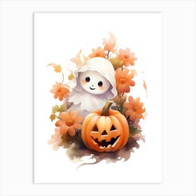 Cute Ghost With Pumpkins Halloween Watercolour 30 Art Print