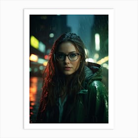 Woman With Glasses Caught In A Dramatic Dolly Zoom Effect During A Rain Soaked New York Night Focus Art Print