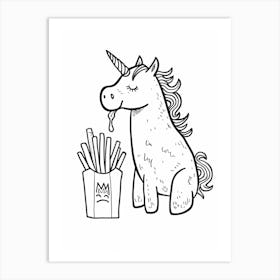 Unicorn Eating Fries Black & White Illustration Art Print