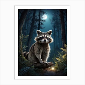 Raccoon In The Woods Night Sky Wildlife Art Print