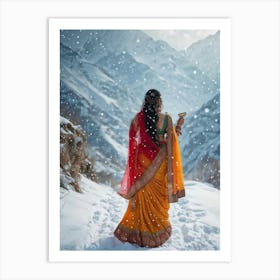 Indian Woman Adorned In A Sumptuous Sari Cradling A Trisul Mirroring The Divine Posture Of Maa Dur Art Print