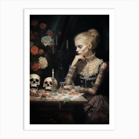 A Woman Sitting At Her Dining Table In Front Of Skeleton Art Print