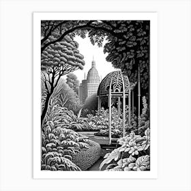 Central Park Conservatory Garden, 1, Usa Linocut Black And White Vintage Art Print