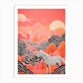 Pink Zebra Illustration With The Hills 2 Art Print
