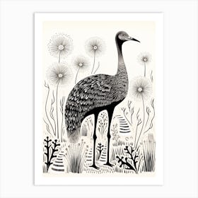 B&W Bird Linocut Ostrich 2 Art Print