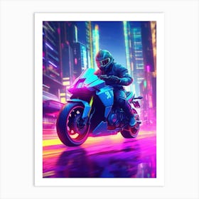 Motorcycle Rider In A Neon City Art Print