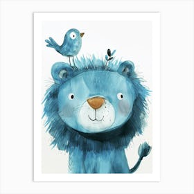 Small Joyful Lion With A Bird On Its Head 5 Art Print