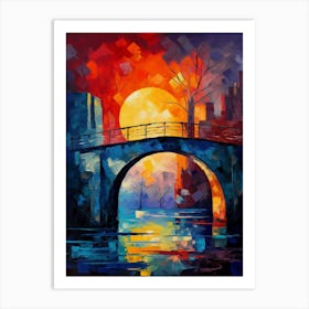 Stone Bridge at Sunset II, Abstract Vibrant Colorful Painting in Van Gogh Style Art Print