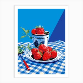 Strawberries Blue Checkerboard 2 Art Print