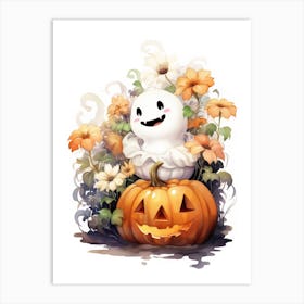 Cute Ghost With Pumpkins Halloween Watercolour 61 Art Print